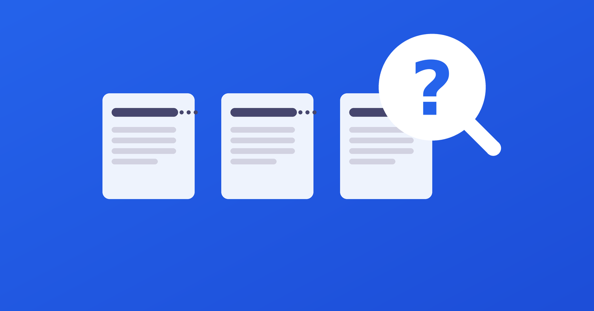 A magnifying glass with a question mark over identical-looking documents
